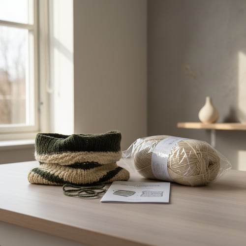 Strikket projekt med grønne og beige striber på et bord ved siden af en opskrift og en pose med beige garn, i et lyst rum med vindue og vase i baggrunden. (3)