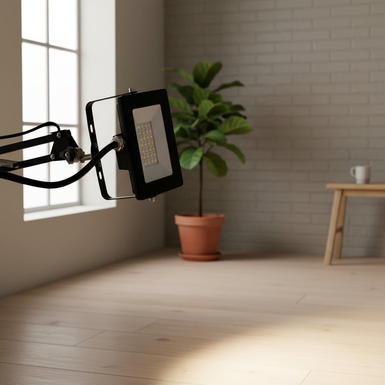 Indendørs scene med en sort LED-arbejdslampe, der lyser på lyst trægulv, en grøn plante i en terracotta potte og et træbord med en hvid kop i baggrunden.