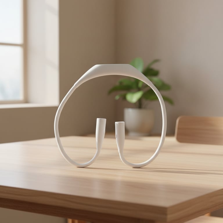 Hvidt, moderne nakkebåret headset eller høretelefoner placeret på et lyst træbord i et lyst rum med et vindue og en grøn plante i baggrunden.