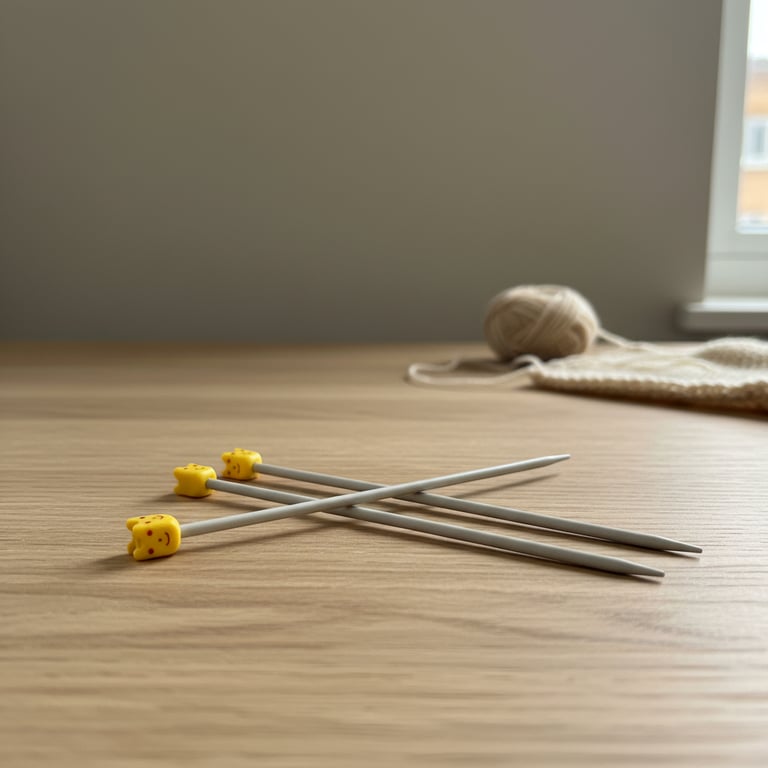 Fire grå strikkepinde med gule pynt i form af små ansigter liggende krydset på et lyst træbord med en uldnøgle og strikket stof i baggrunden.