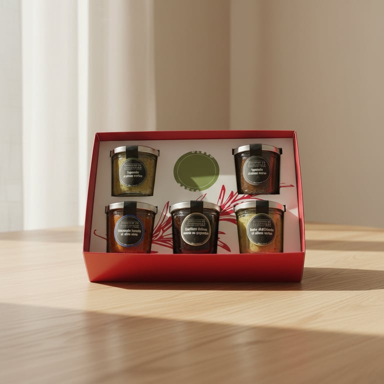 Gaveæske med fem forskellige glas med gourmetpasta og saucer arrangeret på et træbord med blødt dagslys.