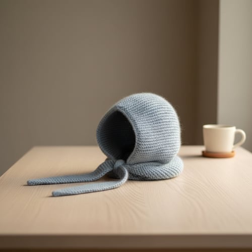 Håndstrikket grå babyhjelm lagt på et lyst træbord med en hvid kaffekop i baggrunden. (4)