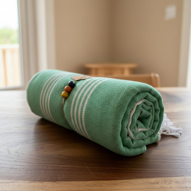 Rulledt grønt håndklæde med hvide striber liggende på et træbord indendørs.
