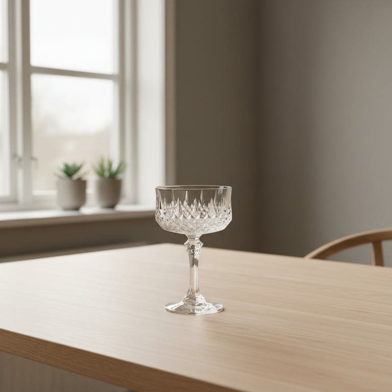 Krystalglas med dekorativt mønster placeret på et lyst træbord i et lyst rum med vindue og to små planter i baggrunden.