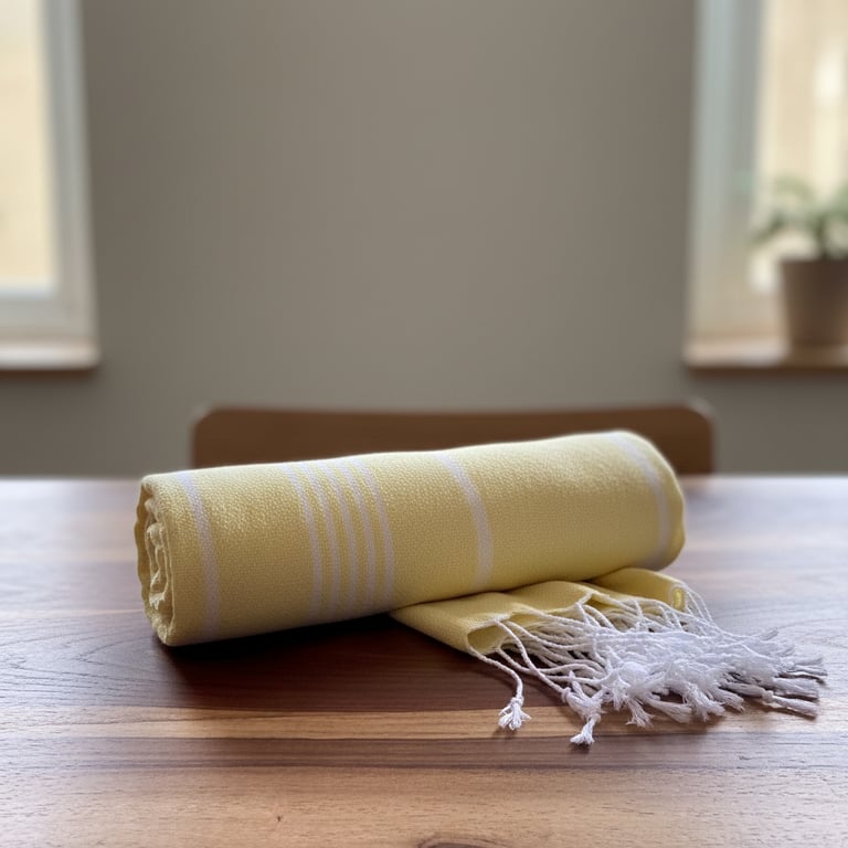 Rullet gul og hvidt striped tæppe med frynser, placeret på et træbord i et lyst rum.