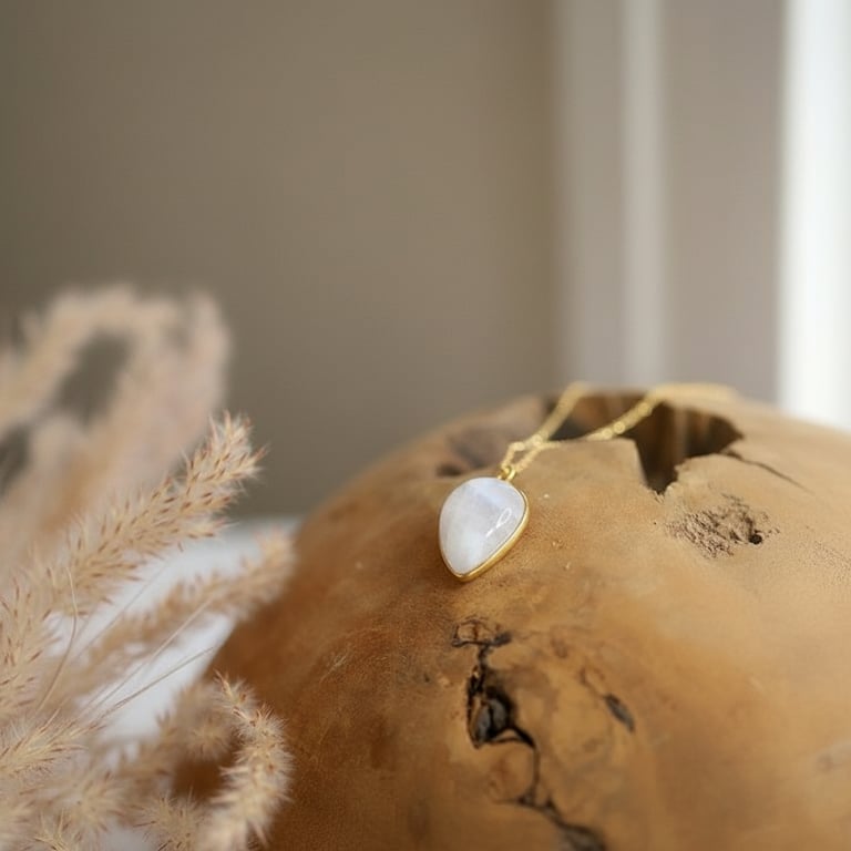 Smykke med hvid sten og guldkant lagt på en træstamme med tørrede græsstrå i baggrunden.