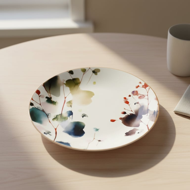 Porcelænstallerken med abstrakt blomster- og bladmotiv i bløde grønne, blå og røde toner på lyst træbord med krus og serviet i baggrunden.