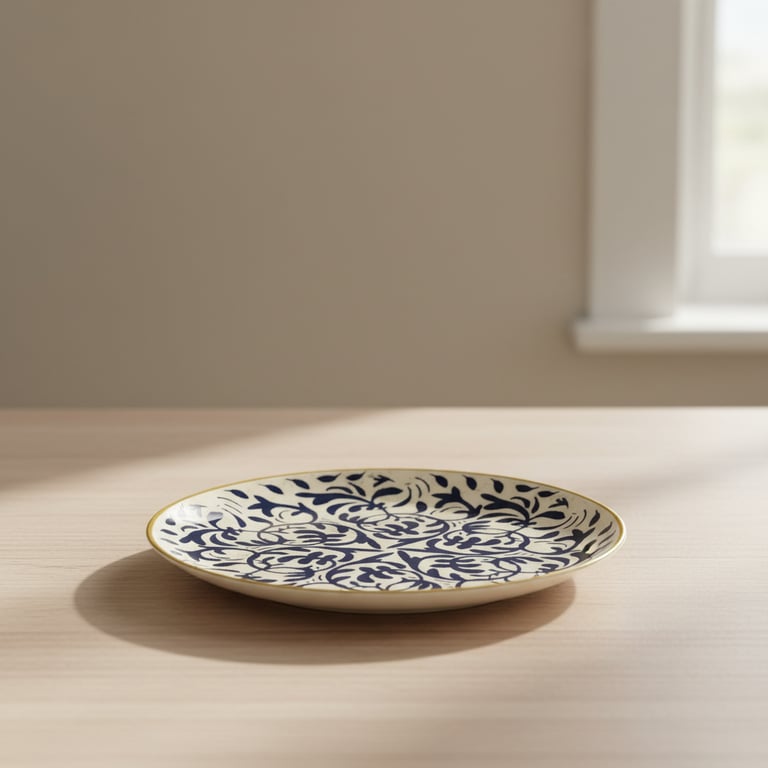 Tallerken med blå og hvide mønstre placeret på et lyst træbord nær et vindue med naturligt lys.