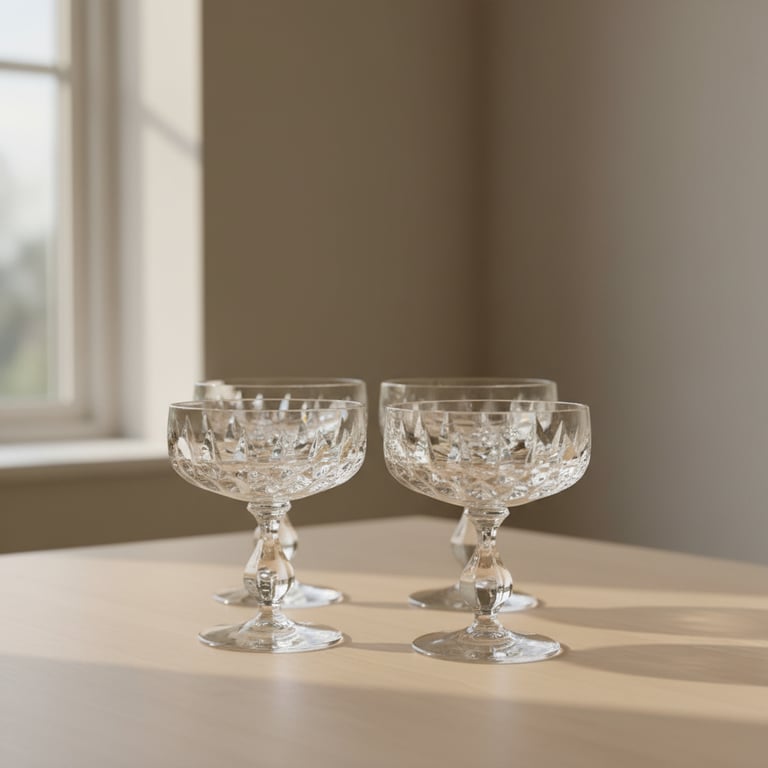 Fire krystalglas med stilk og mønster, placeret på et lyst træbord ved et vindue med naturligt lys.