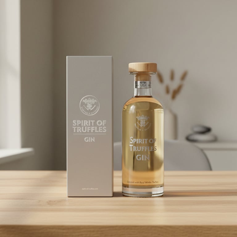 Flaske og æske med Spirit of Truffles gin, placeret på et lyst træbord i et lyst rum.