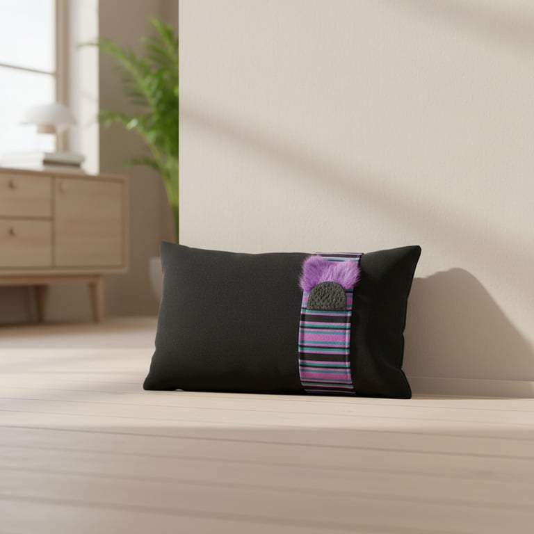 PUDE Sort designer pude med manchet af silke og pels detalje 