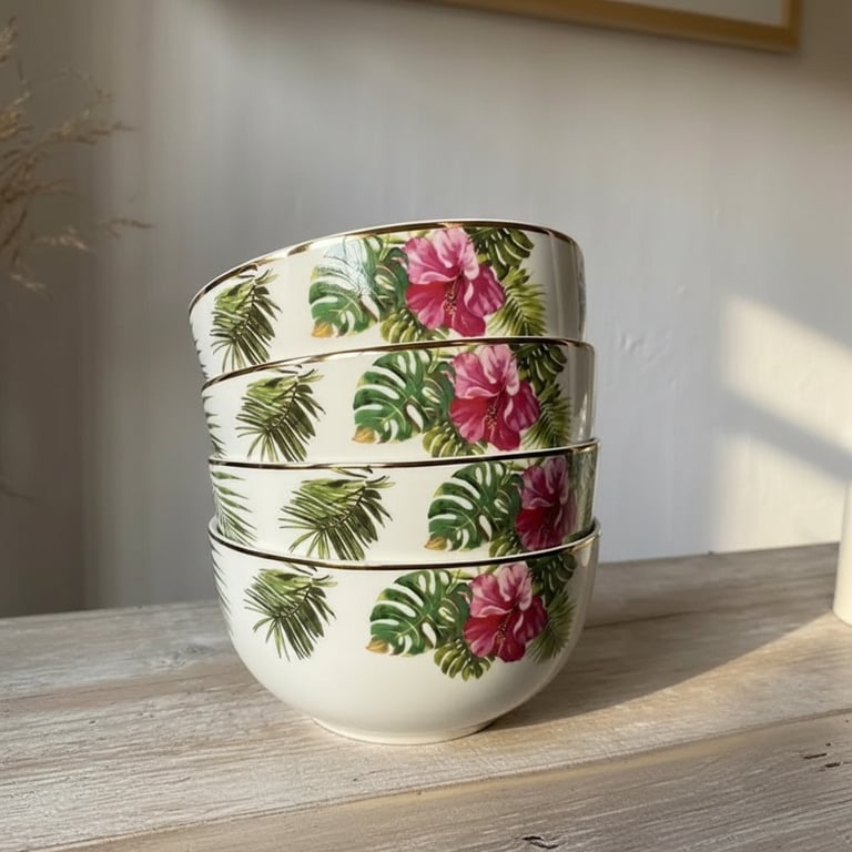 Fire stabelte hvide porcelænskåle med grønne palmeblade og pink blomster, placeret på et lyst træbord i blødt dagslys.