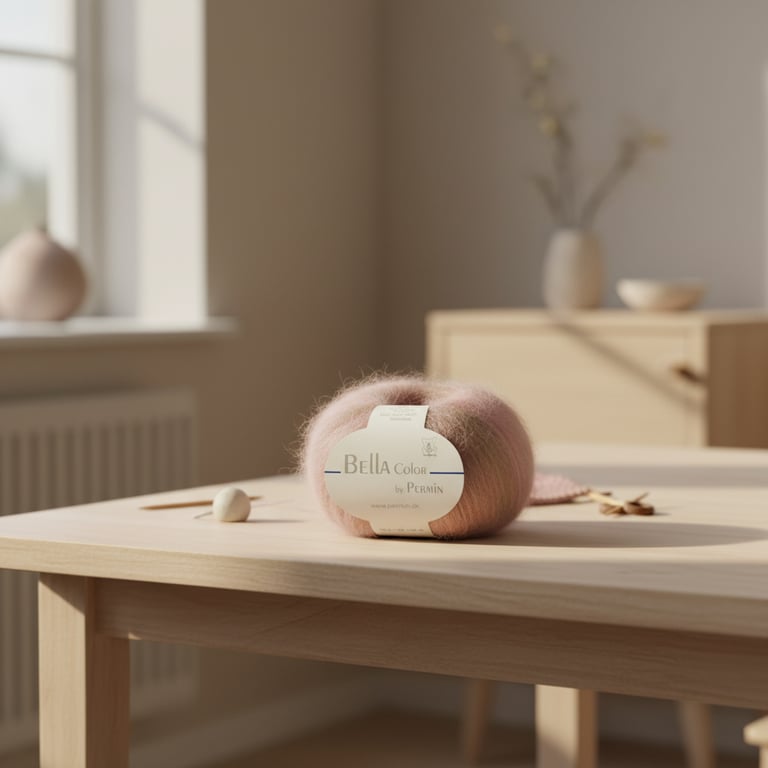 Nøgle garn i sart lyserød farve med label "Bella Color by Permin" lagt på et lyst træbord i et lyst og minimalistisk rum.