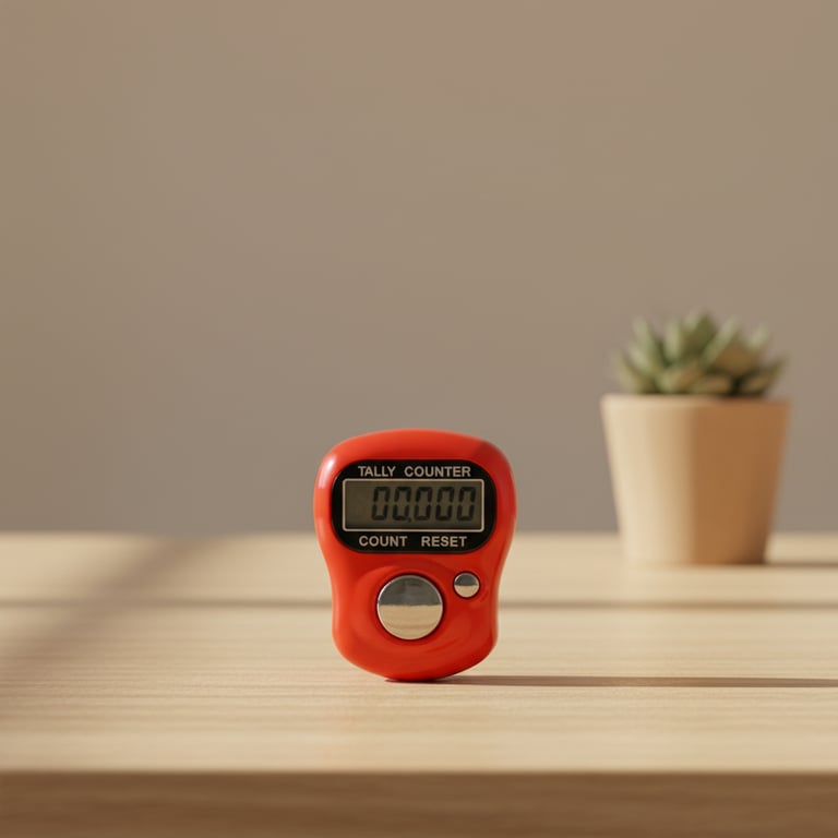 Rødt digitalt tælleapparat på lyst træbord med en lille grøn sukkulentplante i beige potte i baggrunden.