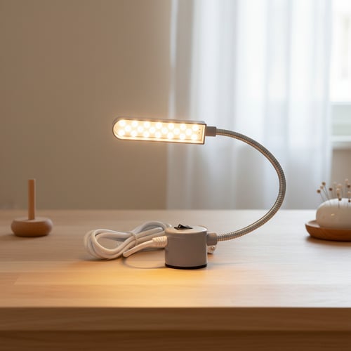 Bordlampe med fleksibel arm tændt på et lyst træbord i et lyst rum med en hvid gardin i baggrunden. (1)