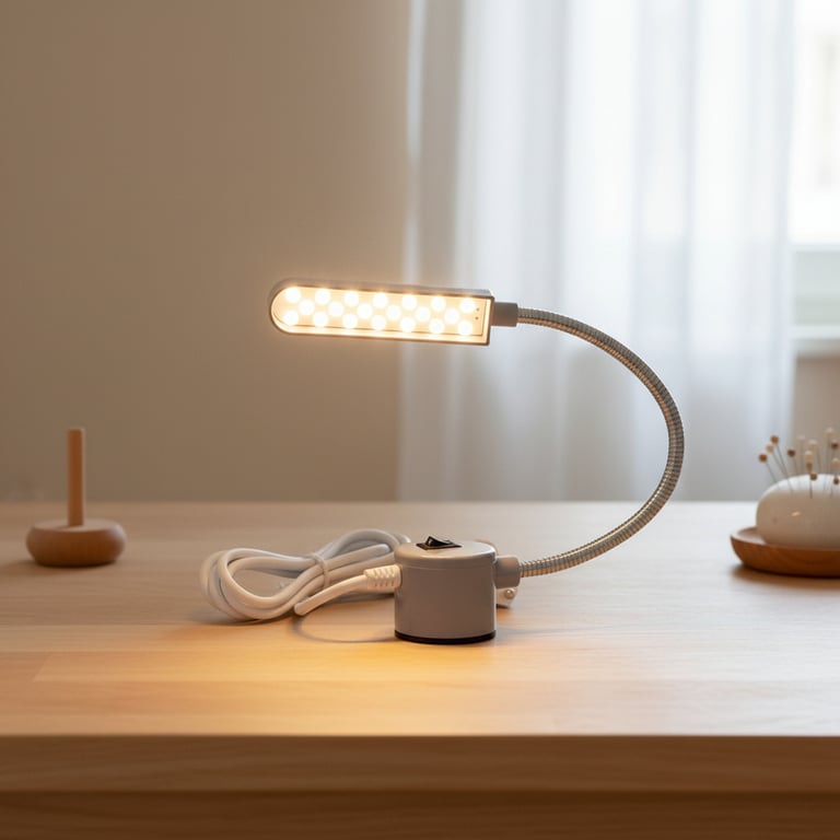 Bordlampe med fleksibel arm tændt på et lyst træbord i et lyst rum med en hvid gardin i baggrunden.