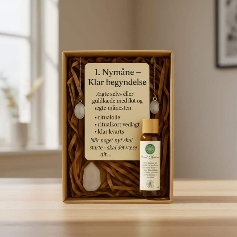 Gaveæske med to halskæder med månesten, flaske med ritualolie, klar kvarts og kort med teksten "1. Nymåne – Klar begyndelse" på dansk.
